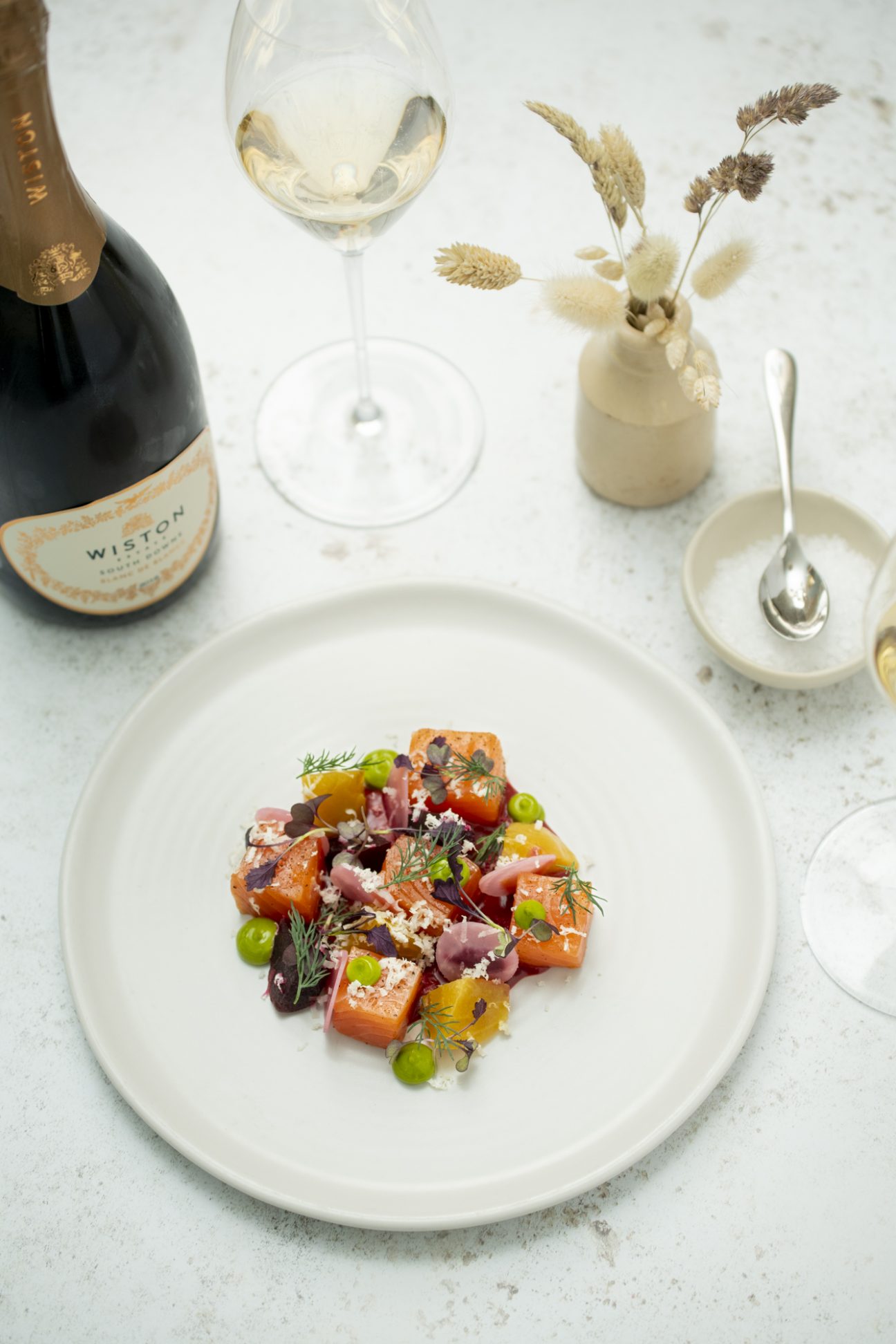 A light tomato and goat's cheese salad - best restaurant in Worthing, wine estate Sussex