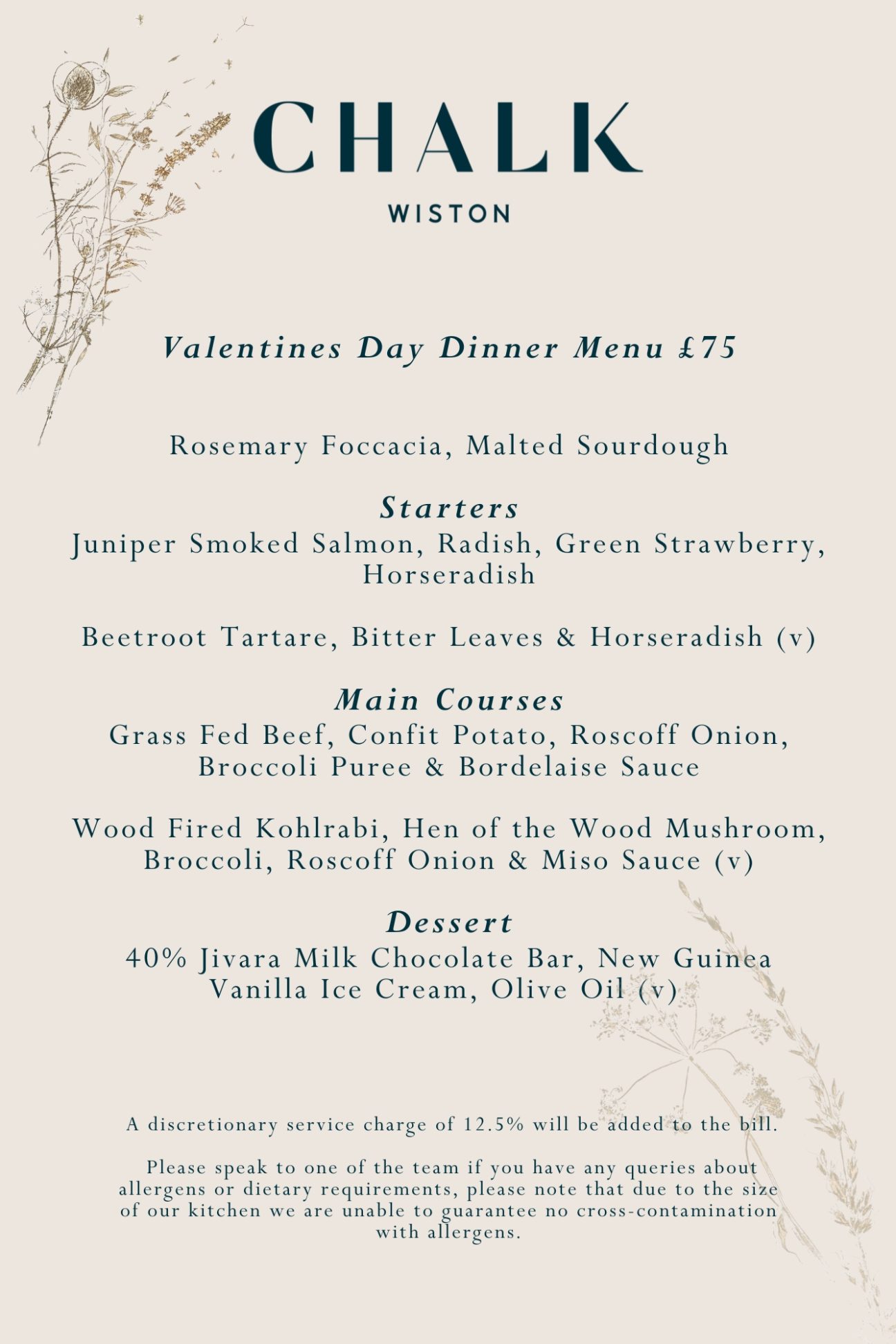 Valentines Dinner menu at Chalk Restaurant